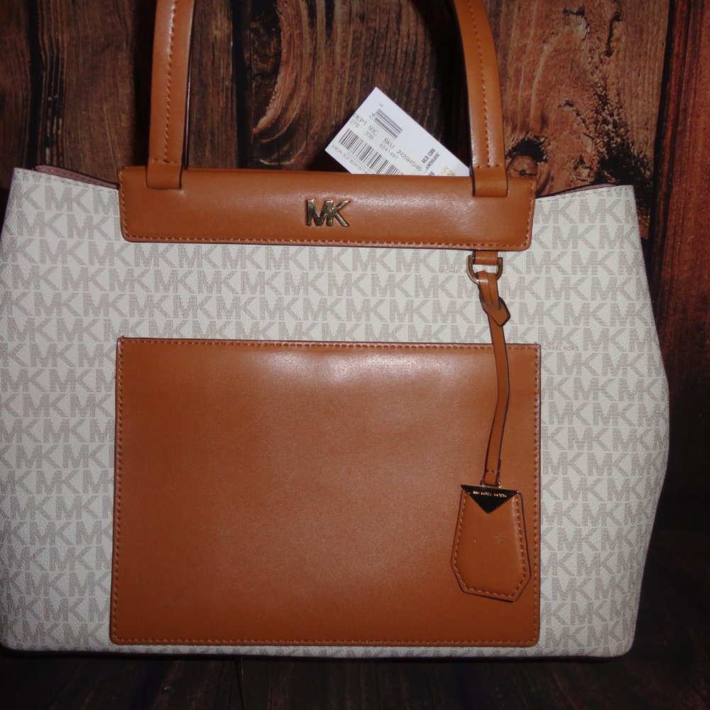 NWT Michael Kors Bag/Bag Meredith MD EW Bonded Tote Signature Cream and Brown - Picture 4 of 6